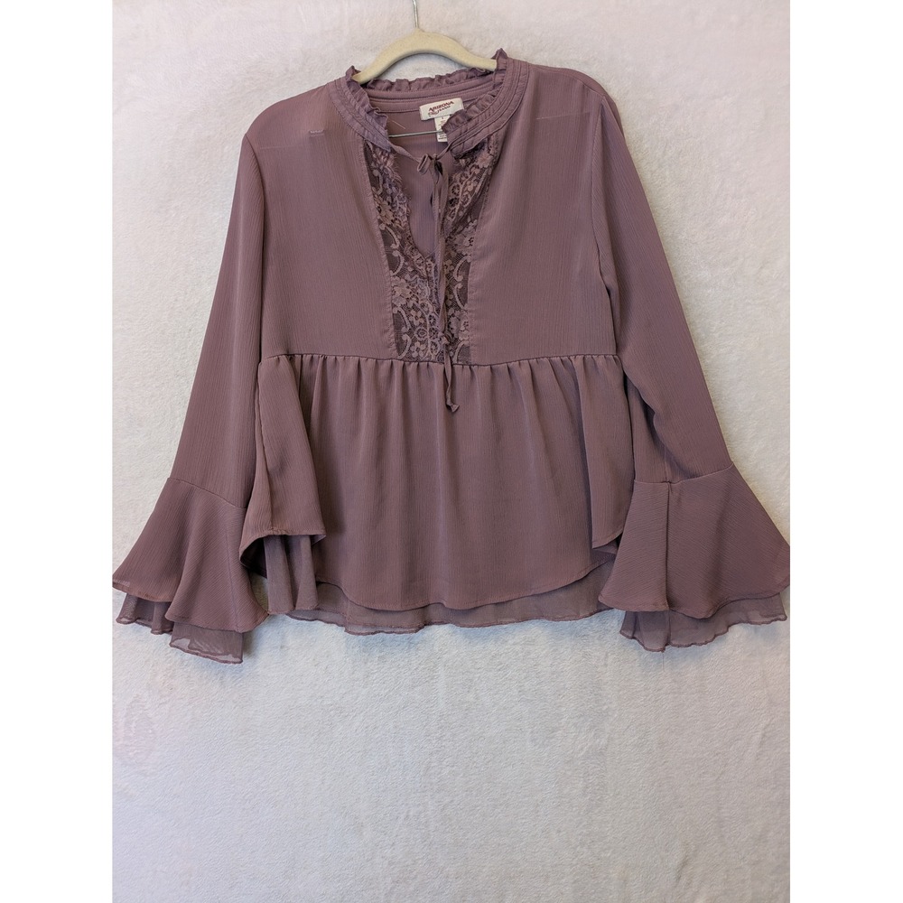 Arizona Jean Co‎ Womens Mauve Lace Inset Bell Sleeve Peplum Blouse Small
